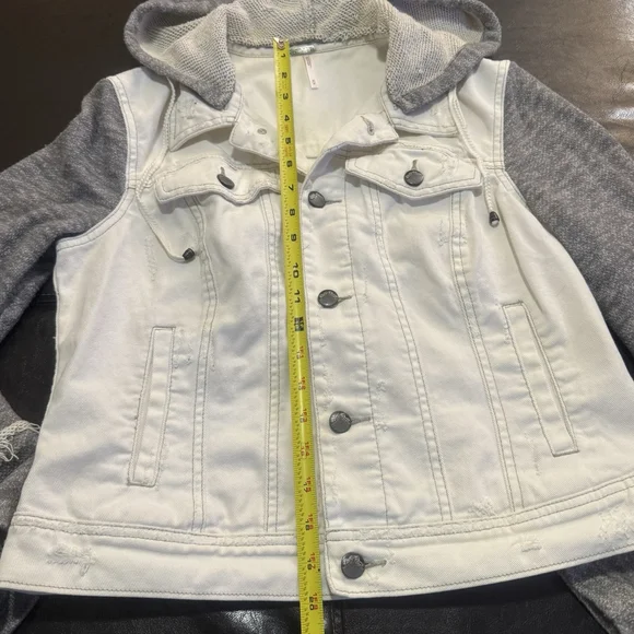 Free People Knit Sleeve Distressed Denim Jacket Size:M Removable Hood Women - Picture 7 of 13